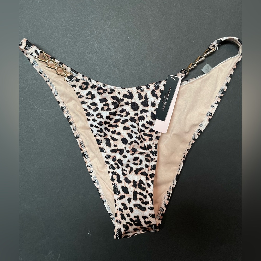 Victoria Secret Swim Gold Chain Strap High Waist Leopard Bikini Bottom, M